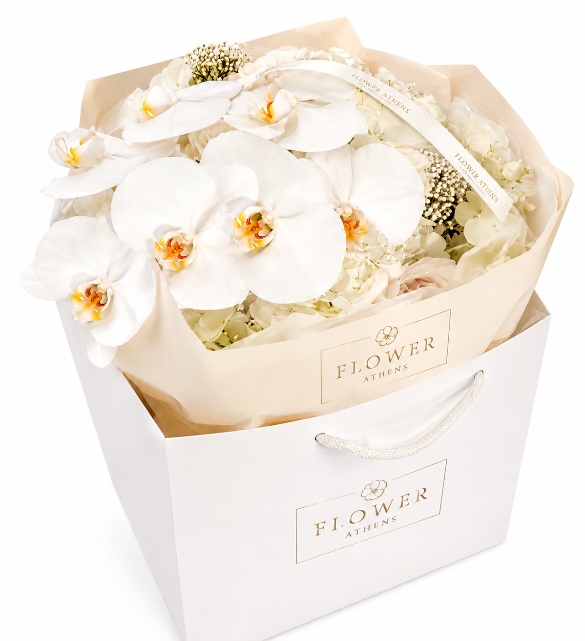 Σύνθεση Λευκές Ορχιδέες σε Τσάντα Flower Athens | White Orchid Arrangement