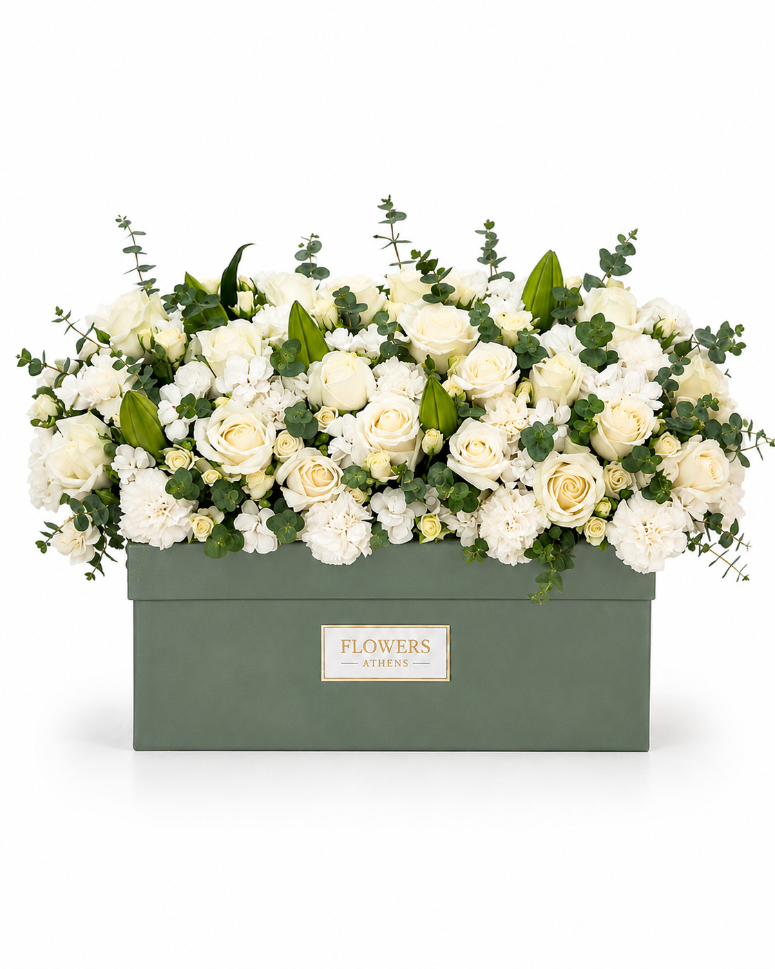 Σύνθεση σε Κουτί FlowersAthens με Λευκά Τριαντάφυλλα & Κρίνους