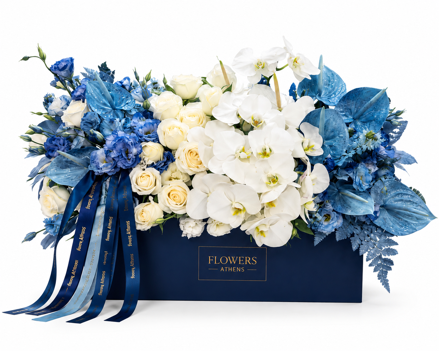 Μπλε Ανθούρια & Λευκές Ορχιδέες σε Κουτί | Blue Luxury Box´
