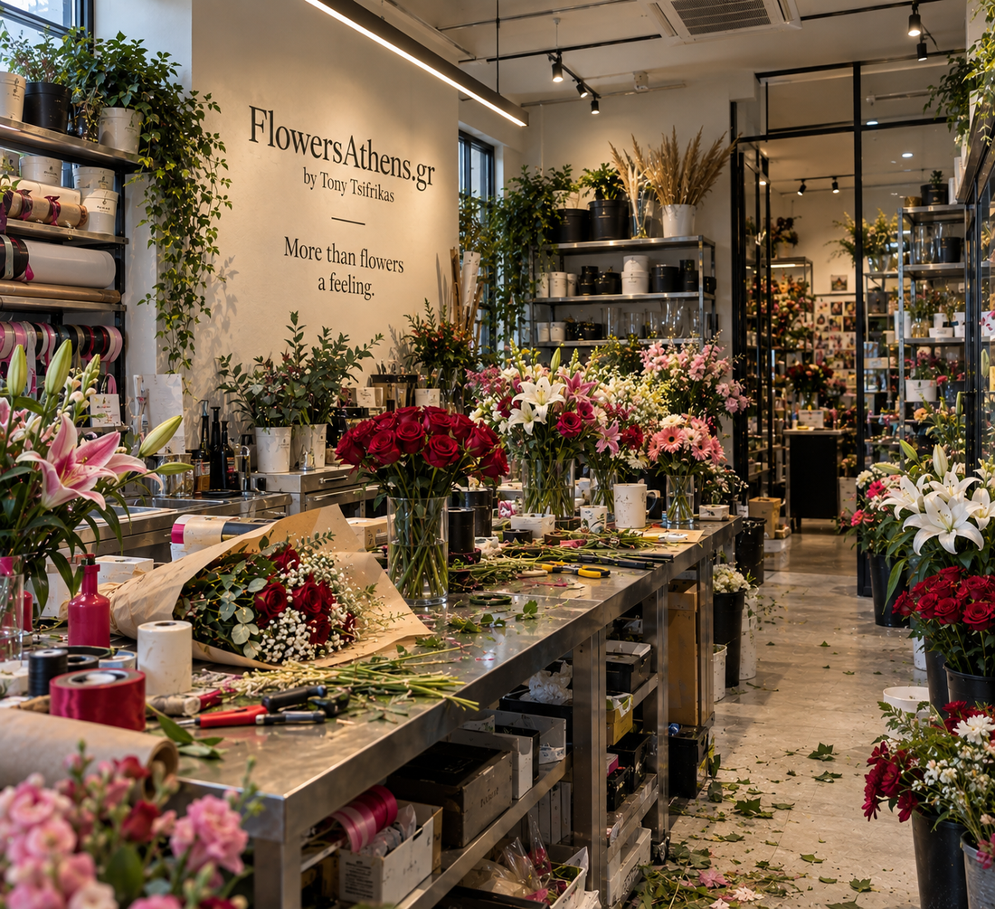 Το εσωτερικό floral atelier της FlowersAthens.gr στην Αθήνα, με ανθοδέσμες, φυτά και πάγκους εργασίας