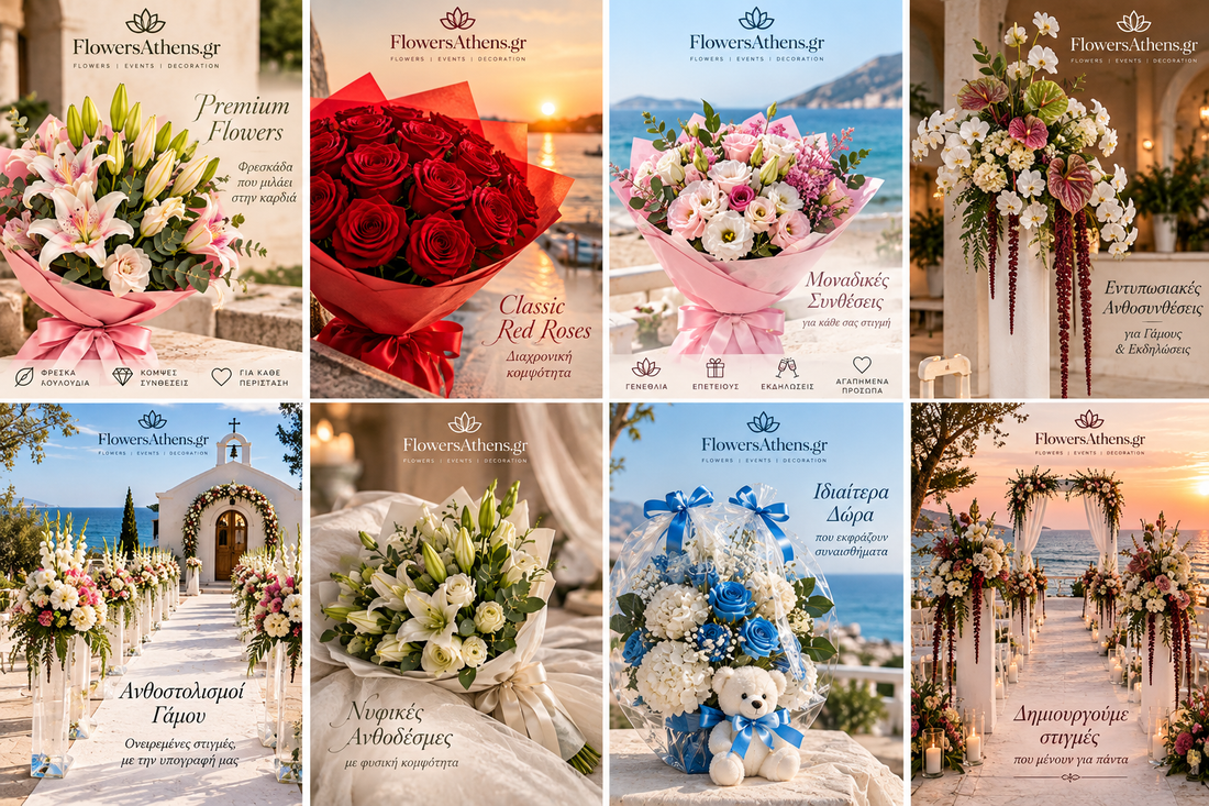 Κολάζ FlowersAthens.gr με ανθοδέσμες, κόκκινα τριαντάφυλλα, νυφικό μπουκέτο, δώρο νεογέννητου και ανθοστολισμούς γάμου.