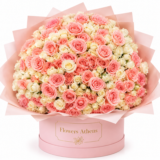 Grand Amour | 100 Τριαντάφυλλα σε Ροζ Κουτί Flowers Athens