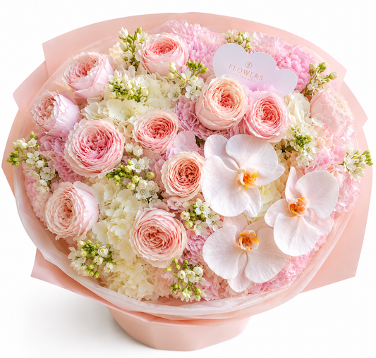 Ροζ Όνειρο | Ανθοδέσμη με Garden Roses & Ορχιδέες