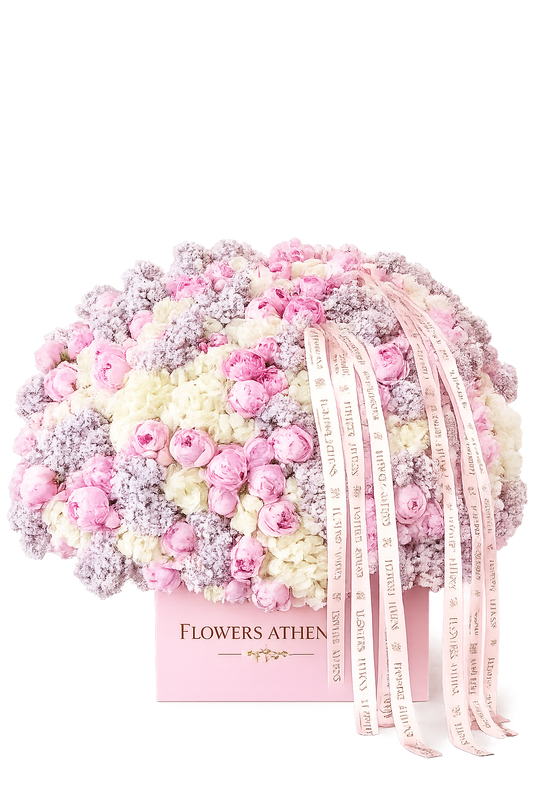 Ροζ Σύνθεση Παιώνιες & Ορτανσίες σε Κουτί | Flowers Athens